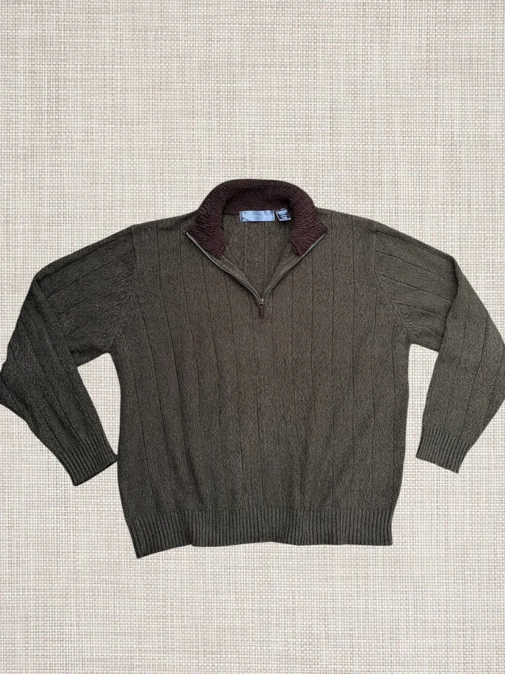 Oscar de la Renta Quarter Zip Sweater Men's XL Olive Green Sherpa Collar Preppy