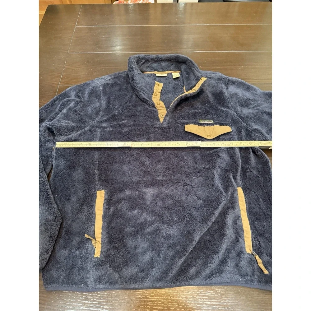 LL Bean Fleece Pullover Mens L Blue Hi-Pile Snap Mock Neck Elbow Patch Hiking