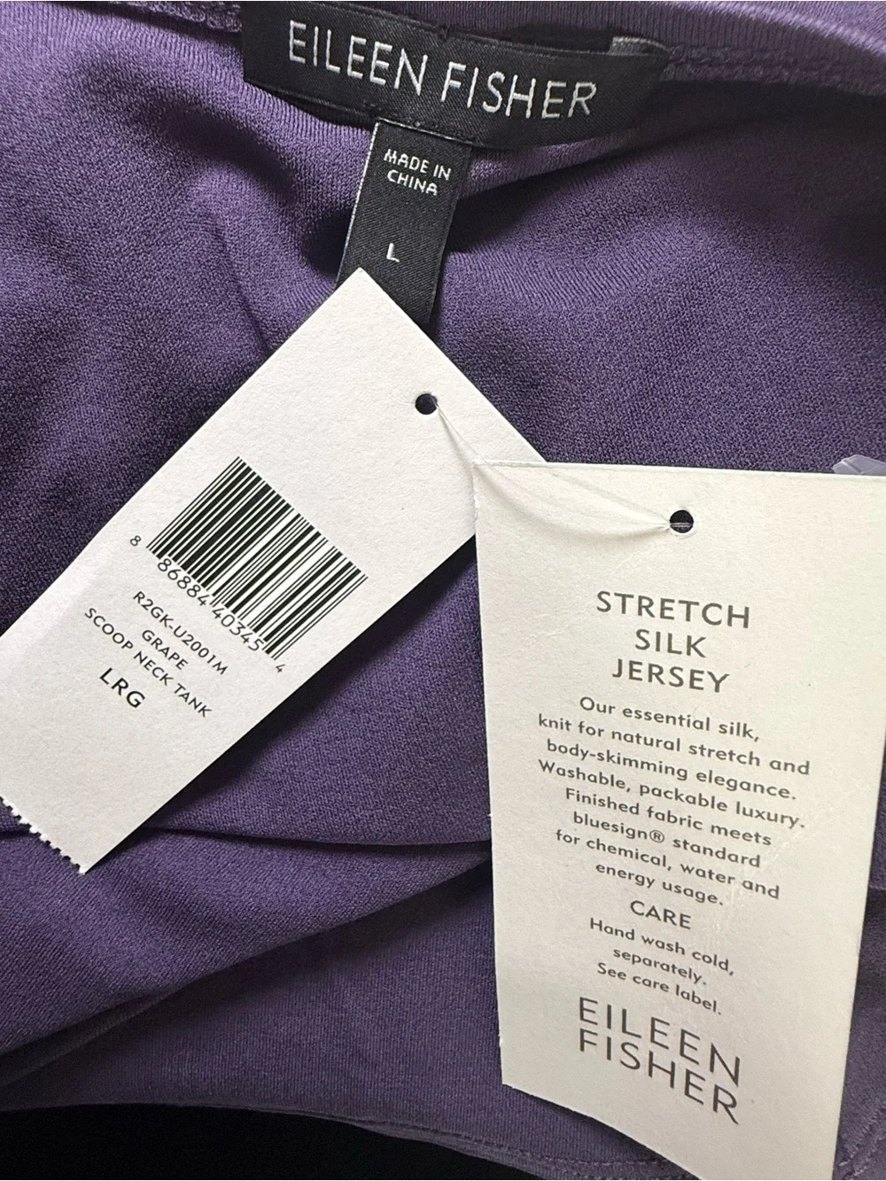 Eileen Fisher Stretch Silk Jersey Scoop Neck Tank Grape Purple Large NWT