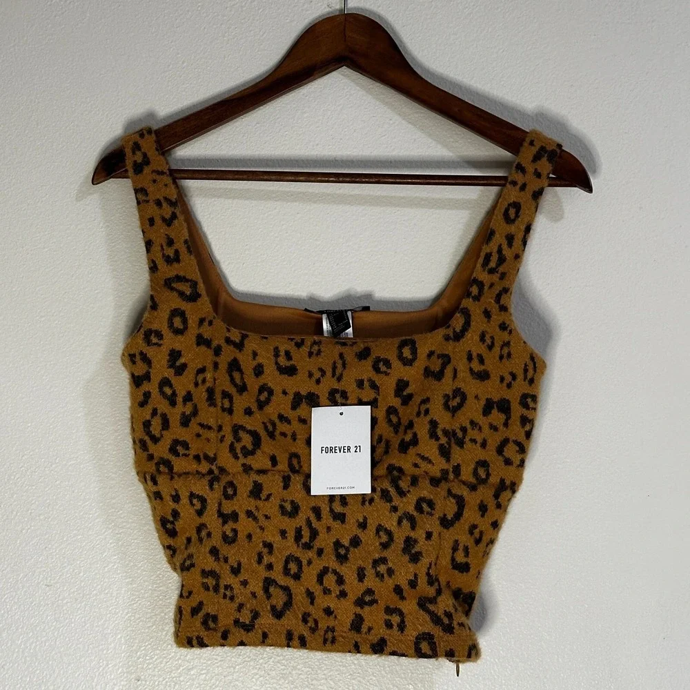 Forever 21 Cropped Tank Top Brown Leopard Print Jacquard Small NEW‎