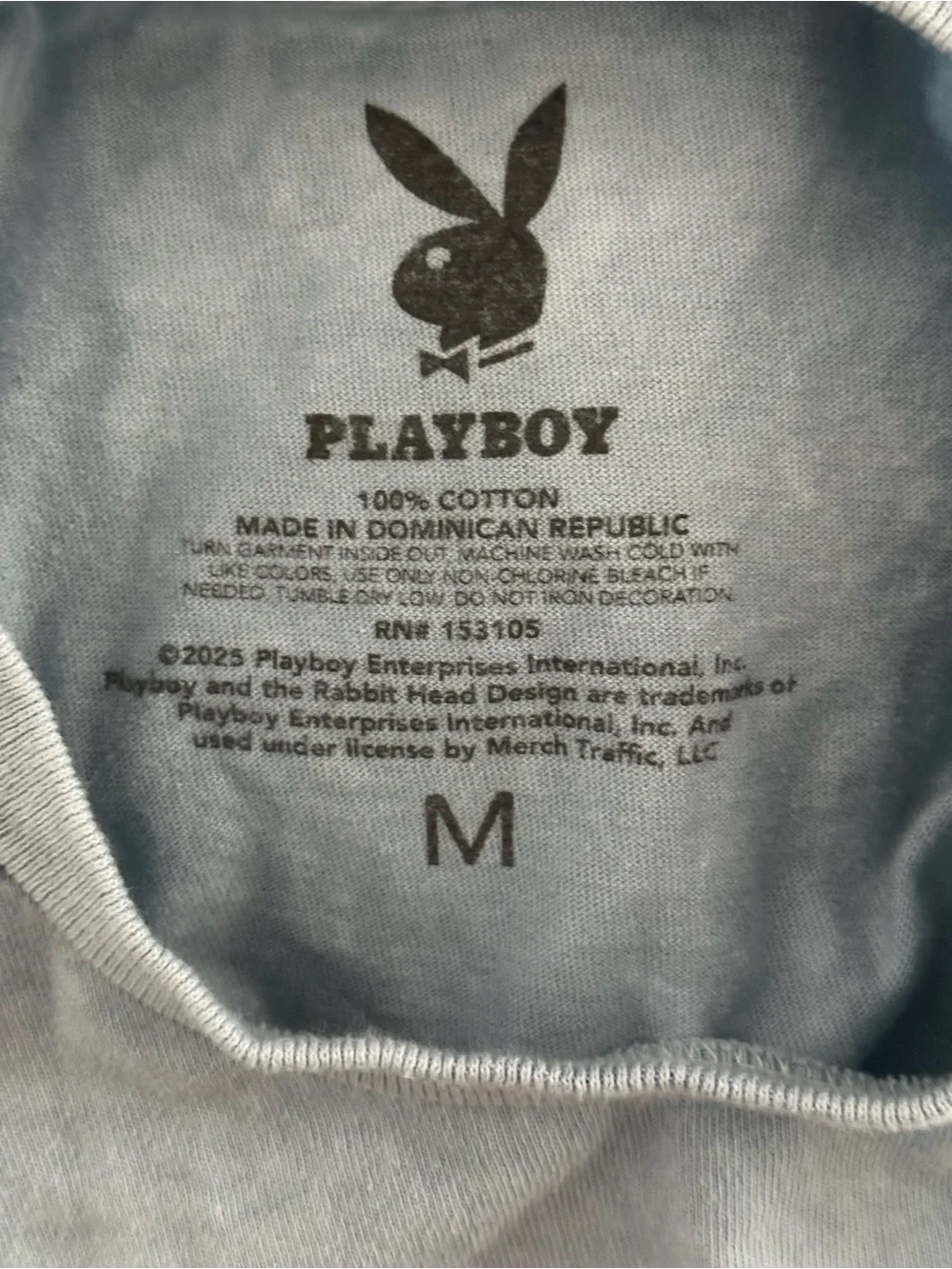 PLAYBOY Bow Cursive Logo Light Blue Short Sleeve Stylish Essential Tee- Women’s