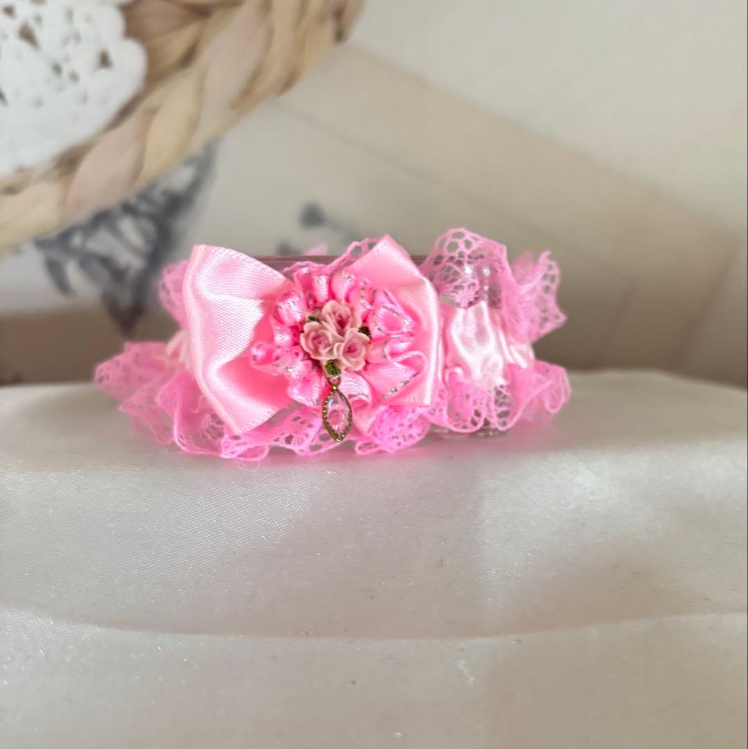 Dog Cat Collar Pink Ribbon Decorative Stitch Parts Rose Bouquet Drop
