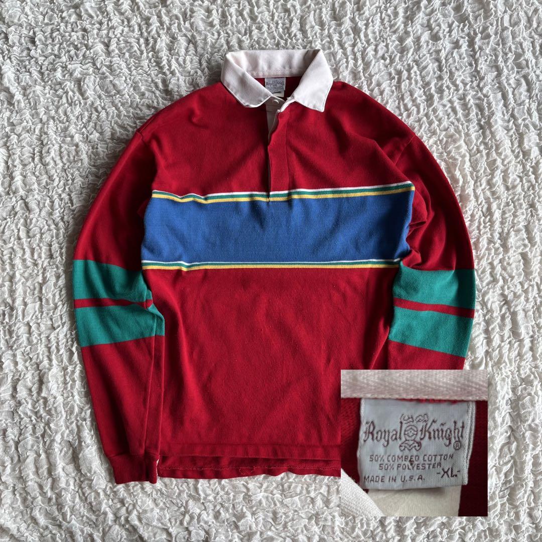 Made in USA 70s Royal Knight Multi-line Rugby Shirt XL