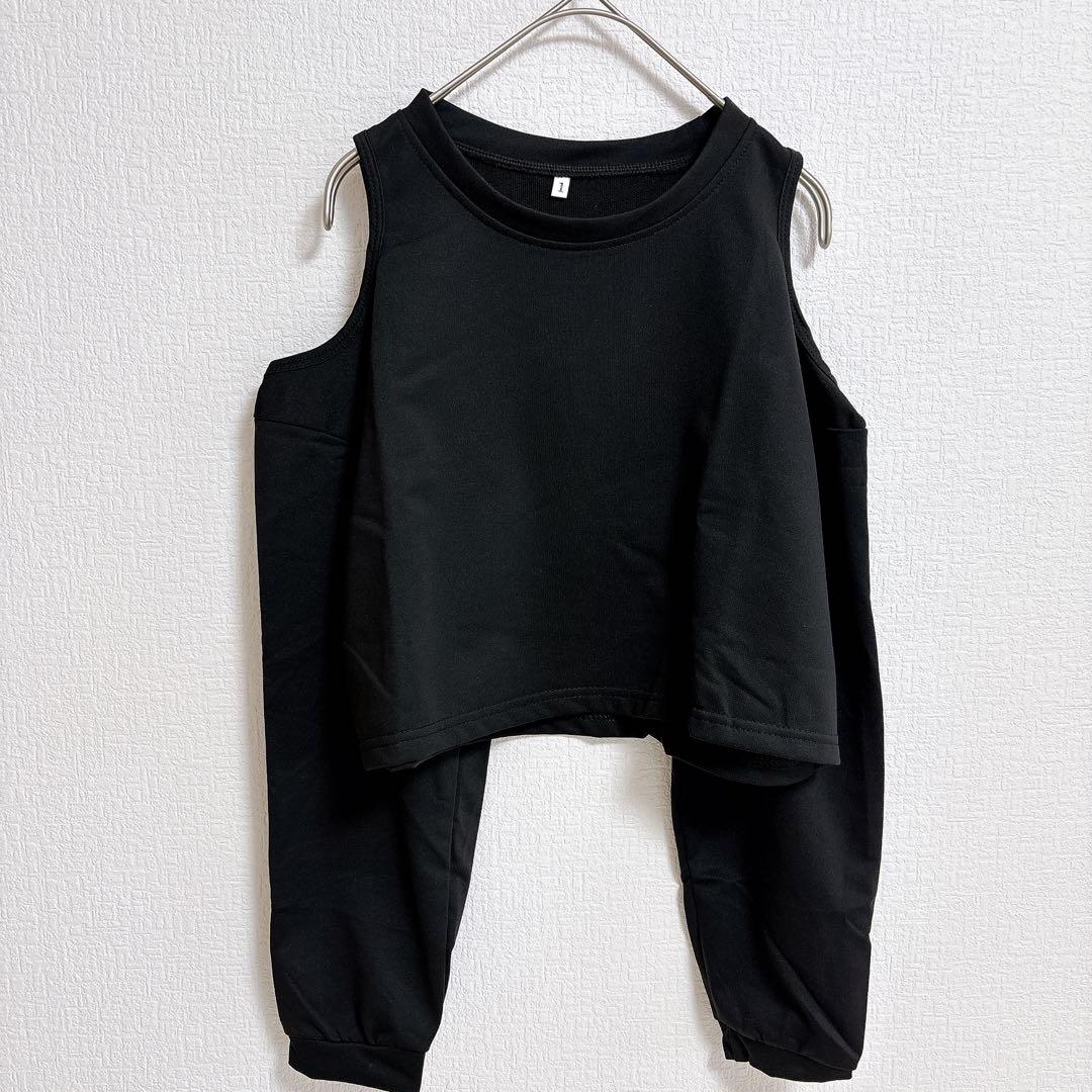 New [M] Off-the-Shoulder Black Sweatshirt Set-Up Pants Top and Bottom