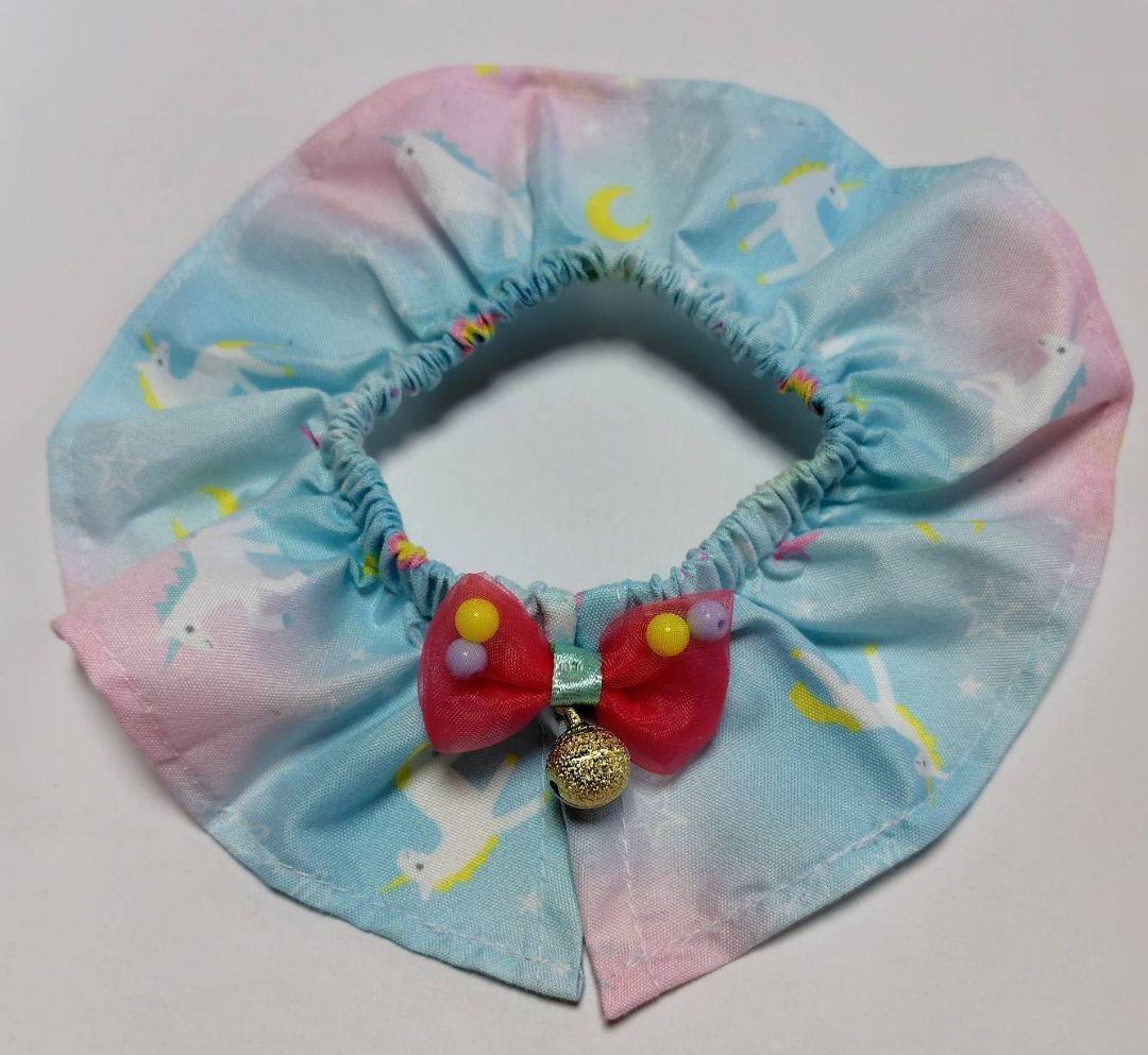 Handmade fabric collar with unicorn design, ribbon, and bell, large collar